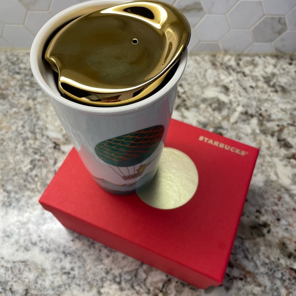 Starbucks 2014 Hot Air Balloon Ceramic Travel Tumbler Mug 12oz with Gold lid - Picture 4 of 8